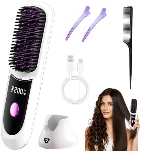 Cordless portable hair straightening brush with case