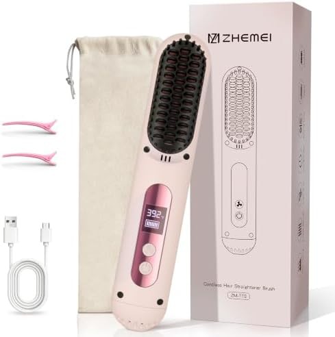Pink cordless straightening brush for travel