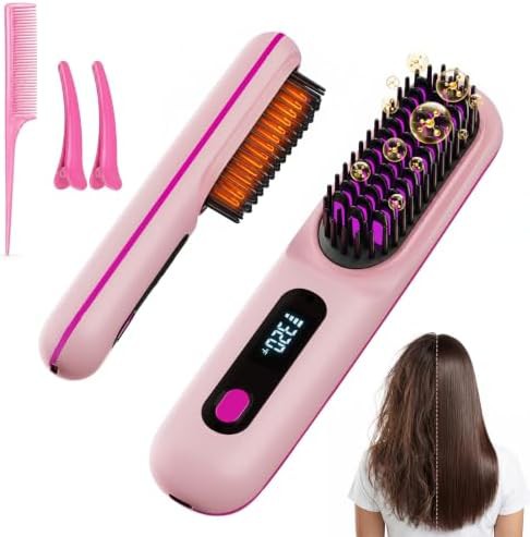 Pink cordless hair straightening brush