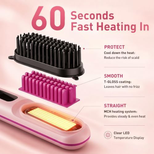 Pink cordless hair straightening brush — photo 3