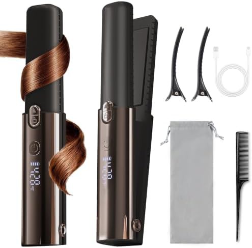 Cordless flat iron and curler in brown