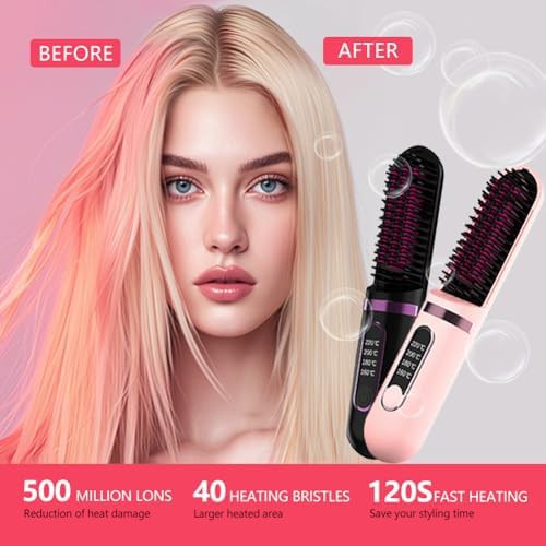 Pink cordless portable straightening brush — photo 3